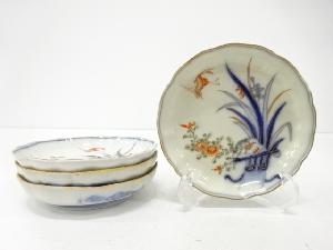 古伊万里　染付赤絵　鶴に花　小皿　4客揃